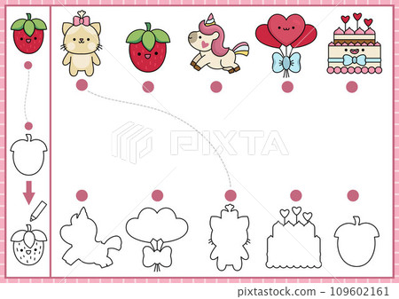 Saint Valentine shape matching, coloring and drawing activity. Love holiday puzzle with kawaii symbols. Find correct silhouette printable worksheet. Cute page for kids with cat, unicorn, balloons, Saint Valentine shape matching, coloring and drawing activity. Love holiday puzzle with kawaii symbols. Find correct silhouette printable worksheet. Cute page for kids with cat, unicorn, balloons, 109602161