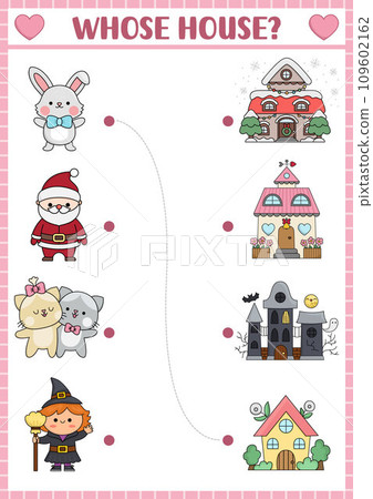 Holiday matching activity for children with kawaii characters and their homes. Fun puzzle with cute Santa Claus, bunny, witch, cats. worksheet or game for kids Holiday matching activity for children with kawaii characters and their homes. Fun puzzle with cute Santa Claus, bunny, witch, cats. worksheet or game for kids 109602162