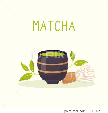Matcha tea poster. Set of traditional cup, whisk, tea leaves in flat style. Tools for Japanese matcha tea ceremony. Vector illustration Matcha tea poster. Set of traditional cup, whisk, tea leaves in flat style. Tools for Japanese matcha tea ceremony. Vector illustration 109602168