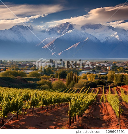 AI-generated content. Awe-inspiring Landscape in Mendoza: Andes Mountains, Vineyard, and Plaza Independencia 109602591