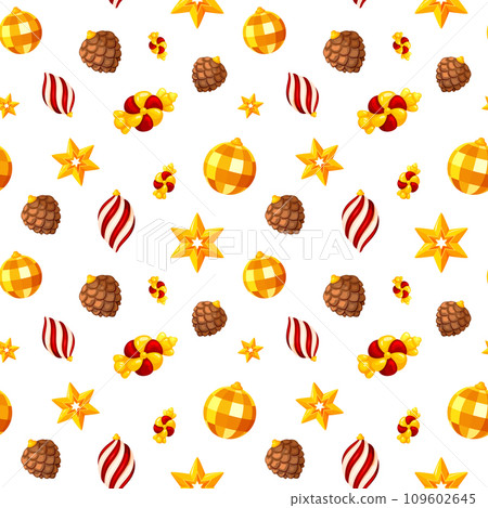 Christmas tree toy festive gift seamless pattern flat. Gold red brown print holiday decoration new year disco ball spruce cone star candy twisted icicle traditional decor gift wrap background bright 109602645