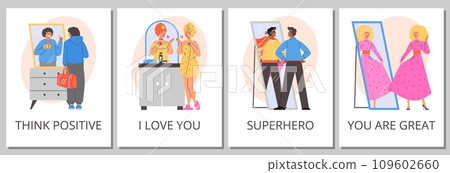 People looking at fake mirror reflection and dreaming to be successful, positive women and men, vector motivational set People looking at fake mirror reflection and dreaming to be successful, positive women and men, vector motivational set 109602660