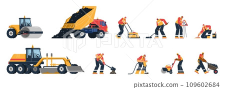 Utility company workers repairing the road, flat vector illustration isolated. 109602684