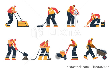Workers repair the asphalt road surface using machine and hand tools, road works cartoon vector illustration set Workers repair the asphalt road surface using machine and hand tools, road works cartoon vector illustration set 109602686