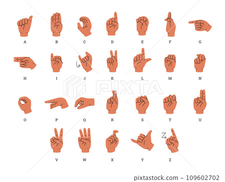 Alphabet in sign language for people with deafness, flat vector isolated. 109602702