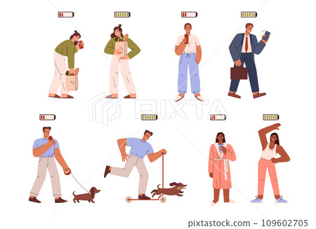 Tired, sleepy persons drinking an energy drink, full of power vitality active people, high and low battery vector set Tired, sleepy persons drinking an energy drink, full of power vitality active people, high and low battery vector set 109602705