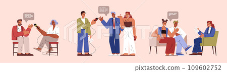 Tv show with guest and journalist, discussion dialogue, reporter television presenter interviewing celebrity vector set 109602752