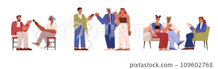 Journalists and reporters interviewing quests, flat vector illustration. 109602768