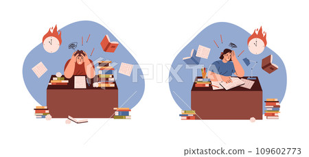 Stress exam preparation with textbook pile, scared panic student hurry studying, vector deadline knowledge education Stress exam preparation with textbook pile, scared panic student hurry studying, vector deadline knowledge education 109602773