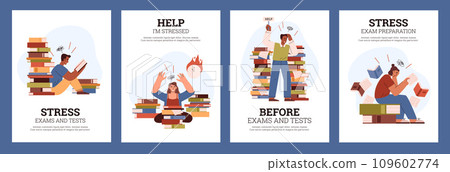 Stress exam preparation with textbook pile, panic students hurry studying, vector deadline knowledge education posters Stress exam preparation with textbook pile, panic students hurry studying, vector deadline knowledge education posters 109602774
