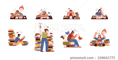 Stressed students learning before exams or test vector illustration isolated. Stressed students learning before exams or test vector illustration isolated. 109602775