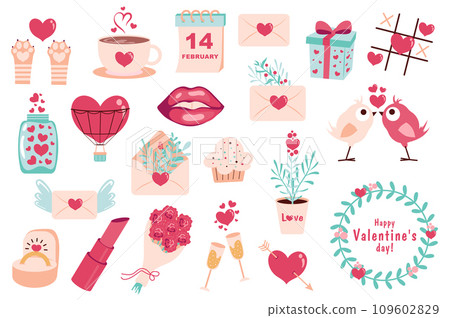 Valentine Day mega set in flat design. Bundle elements of hearts, cat paws, calendar date, love letter, kiss lips, hot air balloon, flowers, ring, other. Vector illustration isolated graphic objects 109602829