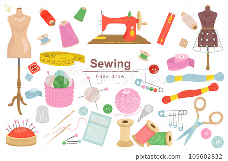 Sewing mega set in flat design. Bundle elements of mannequin, thread spools, sew machine, fastener, measuring tape, pins, scissors, buttons and other. Vector illustration isolated graphic objects Sewing mega set in flat design. Bundle elements of mannequin, thread spools, sew machine, fastener, measuring tape, pins, scissors, buttons and other. Vector illustration isolated graphic objects 109602832