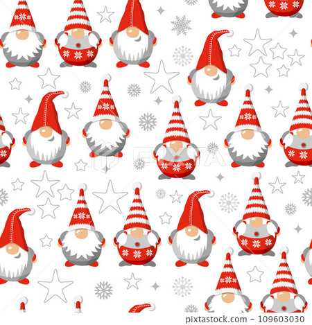 Vector seamless pattern christmas gnomes isolated on white. Cartoon characters. Xmas design for holidays decoration, greeting. Vector seamless pattern christmas gnomes isolated on white. Cartoon characters. Xmas design for holidays decoration, greeting. 109603030