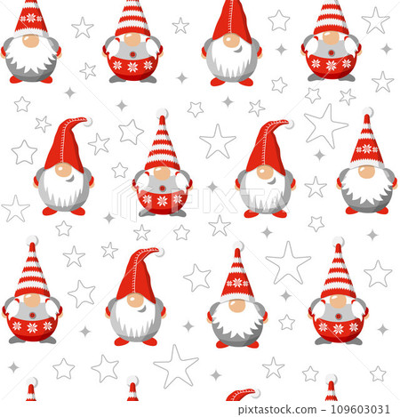 Vector seamless pattern christmas gnomes isolated on white. Cartoon characters. Xmas design for holidays decoration, greeting. Vector seamless pattern christmas gnomes isolated on white. Cartoon characters. Xmas design for holidays decoration, greeting. 109603031