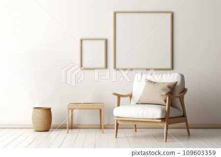 Living room with wooden armchair in Scandinavian interior design with empty photo frame on light wall. Generative AI 109603359