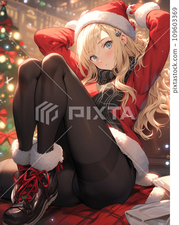 坐在聖誕老人服裝的婦女 109603369