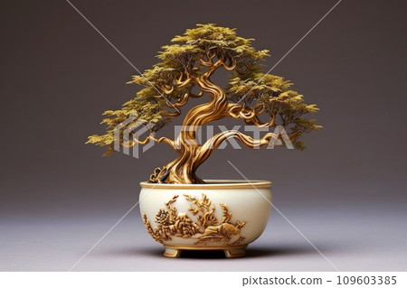 Elegant bonsai tree with golden trunk in a white ceramic pot on minimal background. Generative AI 109603385