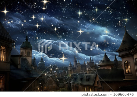 Historic town adorned with Moravian stars. Fairytale landscape of charming winter village, nestled between the mountains and the river, with starry sky and bright moon 109603476