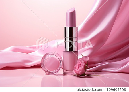 Pink lipstick with silver cap and rose petal on satin fabric background, romantic and glamorous mood. Makeup, cosmetic product showcase. Pink lipstick with silver cap and rose petal on satin fabric background, romantic and glamorous mood. Makeup, cosmetic product showcase. 109603508