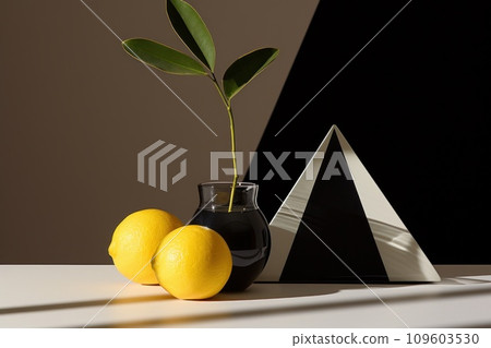 Still life composition with modern and trendy aesthetic. Contrasting geometric shapes in minimalistic setting. Two lemons, black vase with plant and white pyramid. 109603530