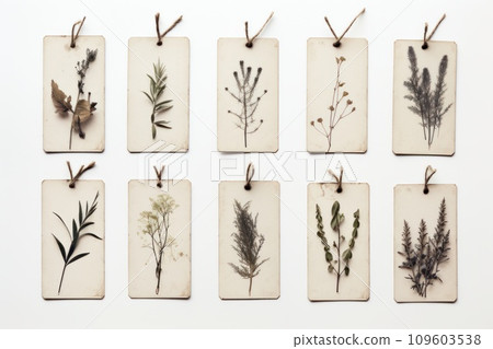 Natural herbal medicine selection with herbs top view. Nine rectangular plant tags: ferns, grasses, wildflowers, shrubs depicted. 109603538