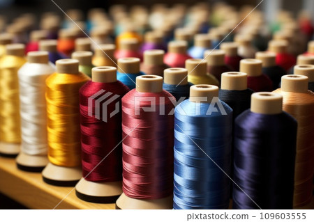 Spools of thread arranged in rows. Colorful embroidery thread spool using in garment industry, row of multicolored yarn rolls, sewing material selling in the market. Craft, hobby concept 109603555