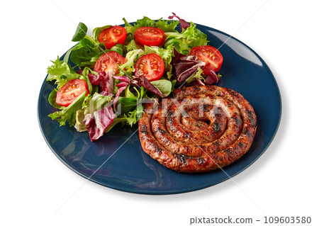 Fried sausage with chopped cherry tomatoes and assorted lettuce leaves isolated on white background Fried sausage with chopped cherry tomatoes and assorted lettuce leaves isolated on white background 109603580