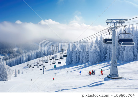 cable car on a snowy ski slope 109603704