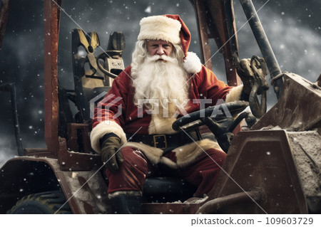 santa claus dressed with red clothes, driving a excavator machine santa claus dressed with red clothes, driving a excavator machine 109603729