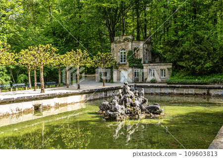 Fountain in the Low Grotto pond in the park of Historical Hermitage at Bayreuth, Bavaria, Germany 109603813