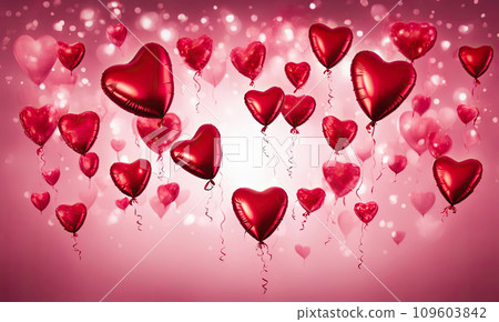 Red foil balloons in the shape of a heart on a pink background. Valentine's Day Celebration, Birthday, Mother's Day Red foil balloons in the shape of a heart on a pink background. Valentine's Day Celebration, Birthday, Mother's Day 109603842