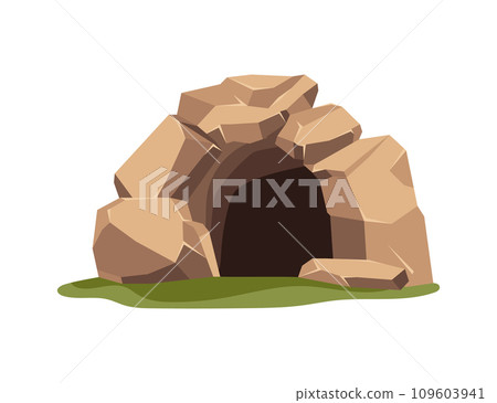 Entrance to cave, natural dwelling of prehistoric man, flat vector isolated. 109603941