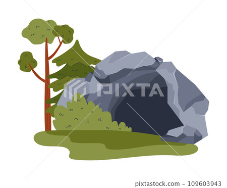 Empty stone cave entrance in the forest among the trees, vector old cave in rock with dark passage to underground depths 109603943