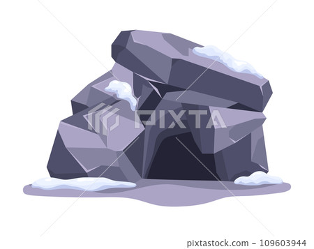 Empty stone cave entrance covered with snow in the winter, vector old den in gray rock with dark passage to underground 109603944