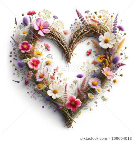 Illustration of a heart-shaped flower wreath. For Valentine's Day, Christmas, and Weddings. AI generated image 109604018