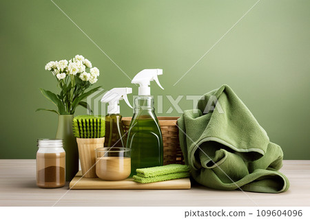 Spray bottles with cleaning product and cleaning tools on green background. Eco cleaning concept. Environmentally friendly bio natural home cleaning. Copy space 109604096