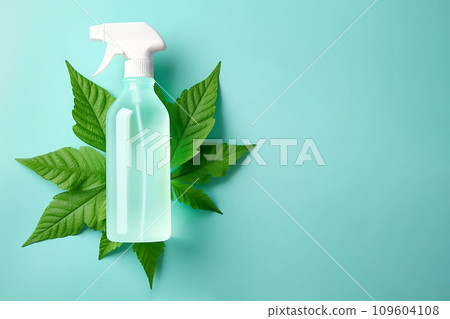 Spray bottle with cleaning product and green leaves around. Eco cleaning concept. Environmentally friendly bio natural cleaning products. Copy space Spray bottle with cleaning product and green leaves around. Eco cleaning concept. Environmentally friendly bio natural cleaning products. Copy space 109604108