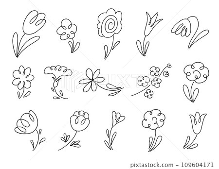 Black line doodle flowers set. Hand drawn vector illustration collection isolated on white background. 109604171