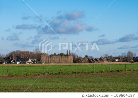 Green farmland, staples and houses at the countryside around Meise, Flemish Brabant, Belgium 109604187