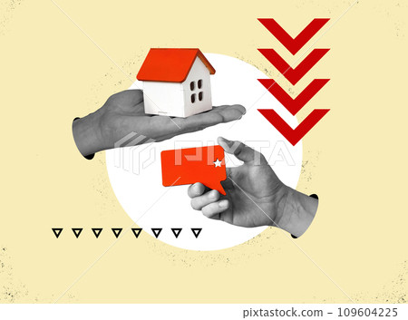 Real estate valuation collage. Hand holding house and negative bad evaluation. Real estate valuation collage. Hand holding house and negative bad evaluation. 109604225
