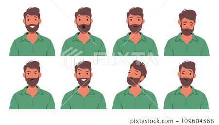 Male Character Emotions Set. Joy Radiates From A Wide Smile, Eyes Sparkle With Happiness, Vector Illustration Male Character Emotions Set. Joy Radiates From A Wide Smile, Eyes Sparkle With Happiness, Vector Illustration 109604368