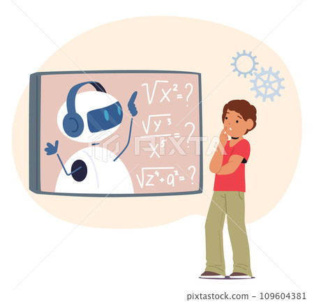 Chatbot Guides Kids Through Interactive Math Lesson, Making Learning Enjoyable. Engaging Activities, Vector Concept 109604381