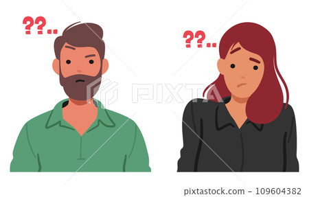 Man and Woman Faces Contorted in Confusion, Eyebrows Raised, And Lips Forming A Questioning Expression 109604382