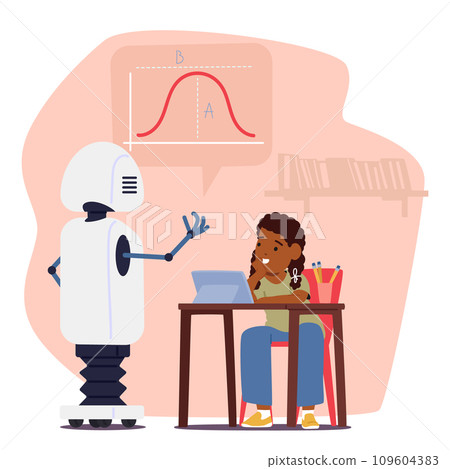 Student Girl Character Learning Robot. Chatbot Assists Kid In Algebra, Answering Questions, Providing Guidance 109604383