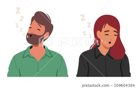 Man And Woman Faces Display A Sleepy Emotion, Accentuated By Gentle Zzz, Conveying Tranquil Rest, Vector Illustration 109604384