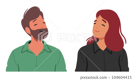 Serene Man And Woman Wear Relaxed Smiles, Radiating A Tranquil Joy. Their Facial Expressions Exude A Sense Of Calm 109604415