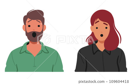 Wide-eyed And Mouth Agape Man And Woman Faces Reflect Surprise, Eyebrows Arched In Amazement, Vector Illustration 109604418