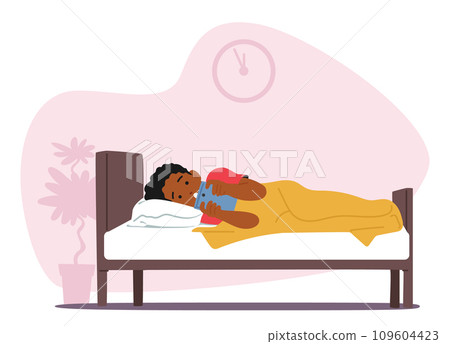Child Engrossed In A Smartphone, Nestled In Bed. Little African American Boy Character Lying With Focused Face 109604423