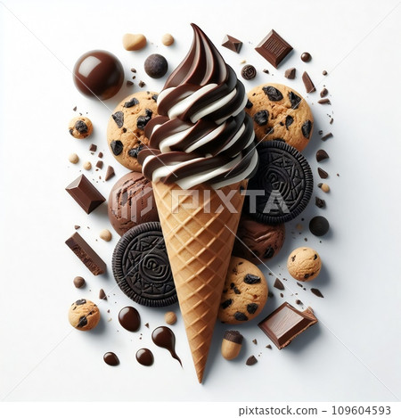 Indulge in Delight: Swirled Creamy Chocolate Ice Cream Cone Adorned with Decadent Toppings - Chocolate Cubes, Sprinkles, Cookies, Dragees. Placed on Clean White Background Indulge in Delight: Swirled Creamy Chocolate Ice Cream Cone Adorned with Decadent Toppings - Chocolate Cubes, Sprinkles, Cookies, Dragees. Placed on Clean White Background 109604593